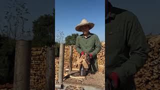 Farmer using wood splitter machines cutting wood woodworking [upl. by Filbert288]