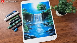 Moonlight Waterfall Nature Scenery Drawing for Beginners  Oil Pastel Drawing [upl. by Calva]