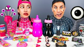 Pink Food vs Black Food Challenge 핑크 블랙 푸드 챌린지 Mukbang for Superheroes by HUBABANG [upl. by Collen]