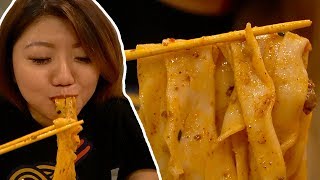 Slurping the LONGEST CHINESE NOODLES Xian Foods New York [upl. by Trelu]