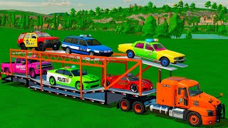 TRANSPORTING CARS AMBULANCE POLICE CARS MIXER MONSTER TRUCK OF COLORS WITH TRUCKS  FS 22 [upl. by Calbert299]