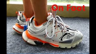 On Foot  Unboxing Review Balenciaga Track Sneaker Orange White quotTess S Gomma Trekquot [upl. by Larrej]