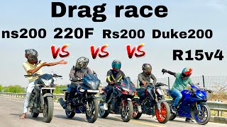 Pulsar 220f 2024 vs Ns200 vs rs200 vs duke200 vs r15v4 drag race yamaha ktm duke bajaj ns200 [upl. by Wilkins]