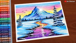 Winter Mountain Landscape Drawing with Oil Pastels  StepbyStep Tutorial [upl. by Dorcea287]