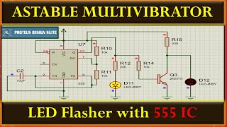 LED flasher using 555  Transistor As an Inverter  Astable Multivibrator  555 Timer IC  Proteus [upl. by Chobot]