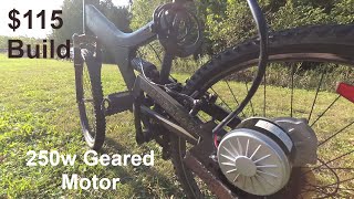 DIY eBike Cost only 115 to Convert my bike  250watt 24v geared motor full Build [upl. by Ydniw]