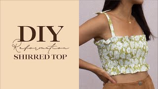 DIY shirred crop top  Reformation inspired smocked fabric tutorial  Sewing tutorial tie straps [upl. by Renrew]