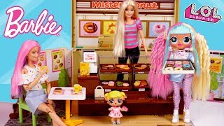 Barbie LOL Family Donut Shop Breakfast Routine with Baby Goldie amp Twins [upl. by Razec114]