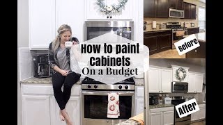 HOW TO PAINT KITCHEN CABINETS ON A BUDGET  DIY DARK TO WHITE CABINETS [upl. by Eva]