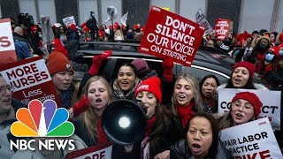 Thousands of New York City nurses strike over pay staffing [upl. by Epilif830]