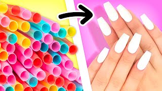 DIY FAKE NAILS AT HOME WITH PLASTIC STRAWS [upl. by Upali742]