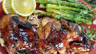 How to grill Cornish Hens  Brandy Cherry Sauce  Grilled Asparagus [upl. by Katt]