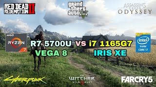 Ryzen 7 5700U Vega 8 vs i7 1165G7 Intel Iris Xe Graphics Gaming Test  2021 [upl. by Idnil]