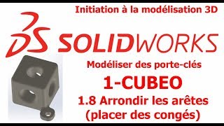 18 tutoriel Solidworks  modéliser le porteclés CUBEO  Ajouter les congés arrondis [upl. by Nhepets]