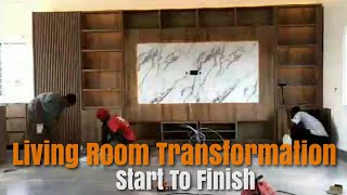 Building In Ghana 🇬🇭 Modern Living Room Transformation How to Build Tv Console LED Lights With Wood [upl. by Ahsier]