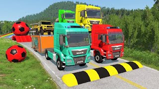 Double Flatbed Trailer Truck vs Speedbumps Train vs Cars  Tractor vs Train BeamngDrive 06 [upl. by Cave]