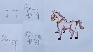 How to draw a horse with number  Easy trick horse drawing [upl. by Elamef]