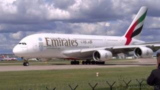 Emirates A380 Crosswind Take Off from Manchester Airport [upl. by Cirdor]