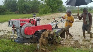 Taking it to nearest field  Day1 puddling experience with my power tiller  Rainy rice farming [upl. by Ylirama]