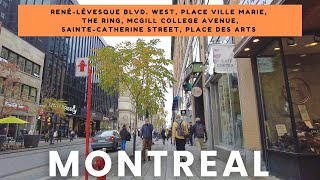 Downtown Montreal Autumn Walk SainteCatherine Street to Place des Arts 4K montreal [upl. by Rialc676]