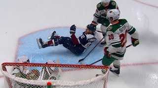 Jared Spurgeon drags Gabriel Landeskog from the crease [upl. by Atsiuqal]