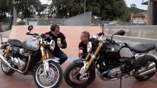 Motosx1000  Comparativa Triumph Thruxton R Vs BMW R Nine T [upl. by Sandell888]