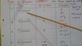 Types of Algebraic expressions Monomialbinomialtrinomial and polynomial [upl. by Airdnaed]