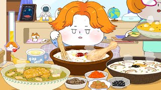 아픈 날 하루 종일 죽 먹방 전복죽닭죽소고기죽 애니먹방 Porridge Mukbang Animation ASMR foomuk [upl. by Foushee]