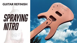 Spraying Nitrocellulose Lacquer AT HOME  REFINISHING A GUITAR Part 2 [upl. by Dreyer205]