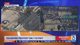 Breaking News Antiwar protesters block freeway in downtown LA [upl. by Esemaj]