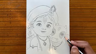 How to draw little Krishna with cow  cute shree krishna drawing [upl. by Aicilif]