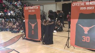 Future NBAer Scoot Henderson sister Crystal get basketball jerseys retired at Kell High School [upl. by Egedan]