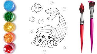 draw and colour a beautiful mermaid with fishes for kids  Easy mermaid drawing and painting [upl. by Araht]