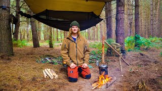 UK Solo Bushcraft Wildcamp In A UFO Forest Pot HangerHammockWild MushroomsAxe and Knife Skills [upl. by Oznol]