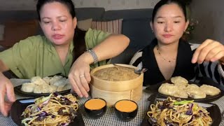 Pork Momo achar सिकुटी सॅग चाउमीन sukuti chowmein mukbang [upl. by Darton759]