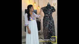 Elegant Floral Sculpted Long Frock with Diamond Neck and Ruffle Sleeves by Usha Designer Studios [upl. by Reynold]