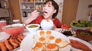 【大食い】毎日忙しいけど、やっぱり理想の朝食を食べたい！朝食の定番おかずを作って食べてみたら幸せな１日の始まりになりました。【木下ゆうか】 [upl. by Waddington]