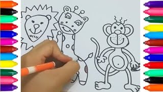 Cómo dibujar animales para colorear para niños  Colorear y pintar Mono León Jirafa [upl. by Torrence]