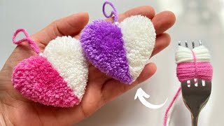 Super Easy Pom Pom Heart Making with Fork  Amazing Craft Ideas with Wool  How to Make Yarn Heart [upl. by Htennek253]