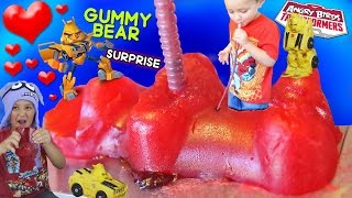 Kid Drinks Jelly from Giant Gummy Bear  Valentines Day Angry Birds Transformers Surprise Part 2 [upl. by Olumor]