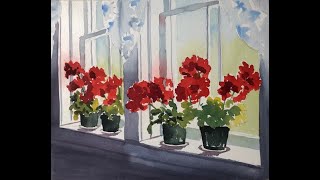 Geraniums in a window  watercolour with Shelley Prior [upl. by Latsyek542]