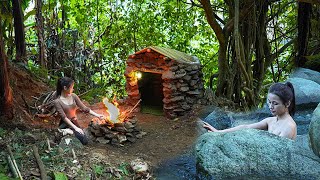 Solo bushcraft survival Build a warm shelter out of stone and wood  Outdoor wild camping [upl. by Yalcrab]