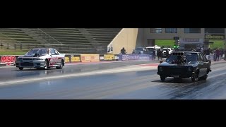 OUTLAW 105 BLOWN vs TURBO DAVIES RACING TORANA amp BIRRONG AUTOMOTIVE SKYLINE 3102015 [upl. by Anaed]