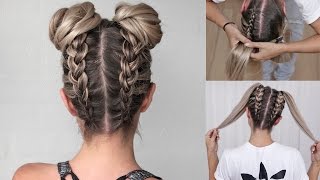 Space Buns  Double Bun  Upside down Dutch Braid into Messy Buns  DIY tutorial [upl. by Ahsotan]