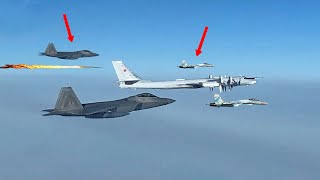 US F22 Intercepts Russian TU95 Bomber Escorted by Two SU35 [upl. by Mahalia737]