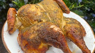 How to make Spatchcocked Chicken on the Big Green Egg Spiva Cooking Ranch Chicken [upl. by Sirtimid150]