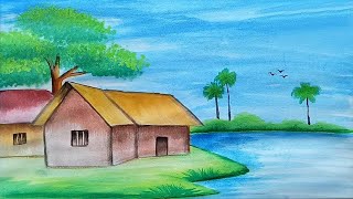 How to draw a scenery landscape with water color for beginners [upl. by Aleetha]