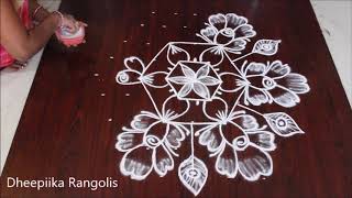 simple and easy rose flower rangoli design with 9  5 dots rose fiower kolam videos muggulu designs [upl. by Atiuqad]