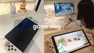 Game vlog 👾🎮 nintendo switch oled unboxing  accessories cozy game with me [upl. by Arodoet]