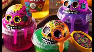 Dia de Muertos Coco Miguel Halloween Slime  Mixing makeup lipstick glitter into clear slime [upl. by Gniy559]